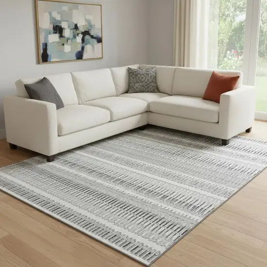 Ivory And Gray Striped Washable Area Rug With UV Protection Photo 1