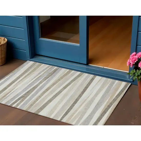 Ivory And Gray Striped Washable Indoor Outdoor Area Rug Photo 1