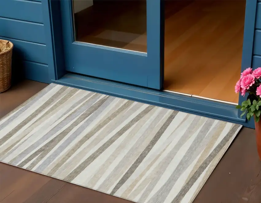 Ivory And Gray Striped Washable Indoor Outdoor Area Rug Photo 1