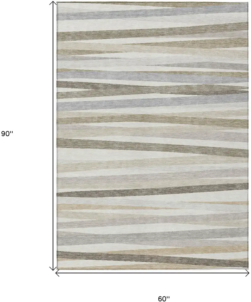 Ivory And Gray Striped Washable Indoor Outdoor Area Rug Photo 3