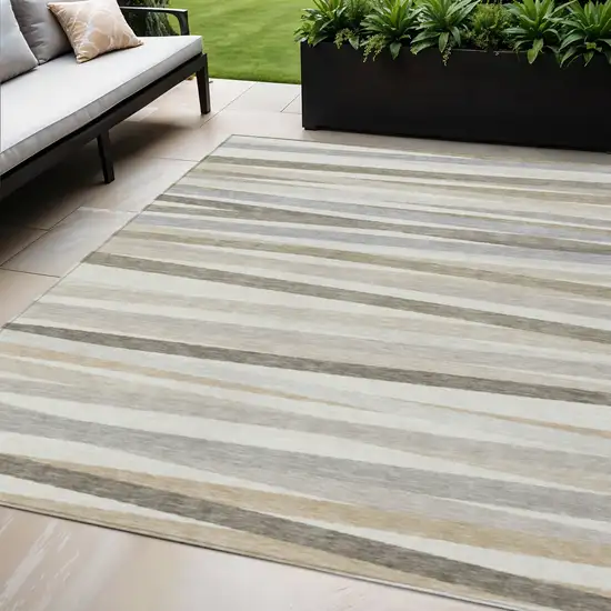 Ivory And Gray Striped Washable Indoor Outdoor Area Rug Photo 1
