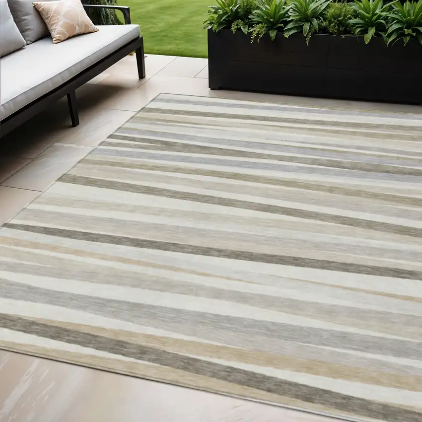 Ivory And Gray Striped Washable Indoor Outdoor Area Rug Photo 1