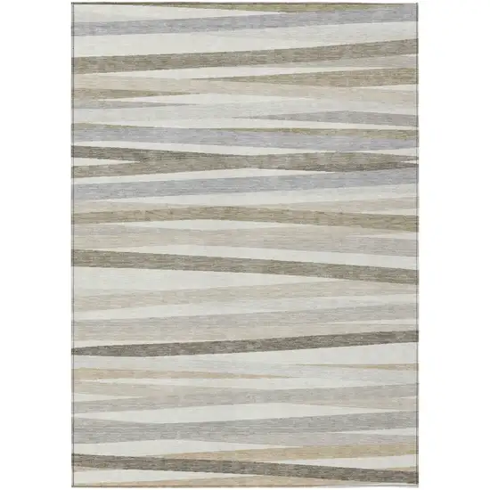 Ivory And Gray Striped Washable Indoor Outdoor Area Rug Photo 2