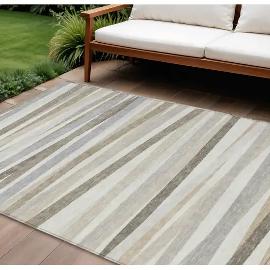 Ivory And Gray Striped Washable Indoor Outdoor Area Rug Photo 1