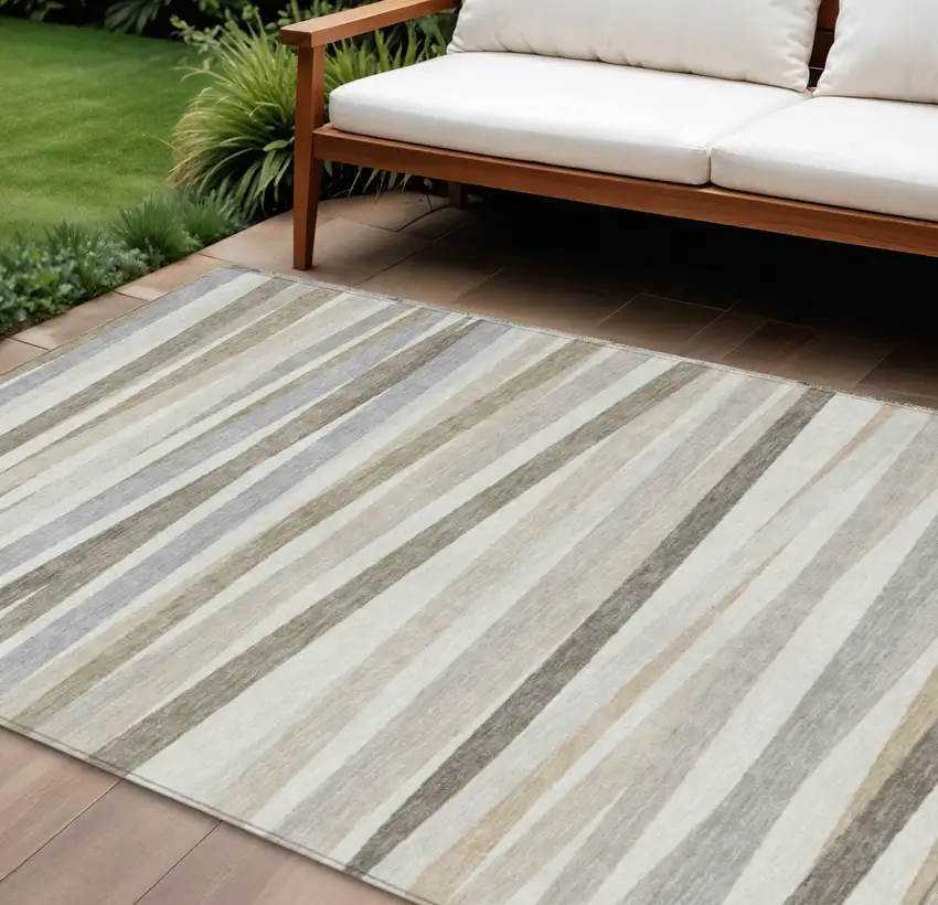 Ivory And Gray Striped Washable Indoor Outdoor Area Rug Photo 1