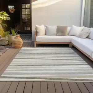 Photo of Ivory And Gray Striped Washable Indoor Outdoor Area Rug