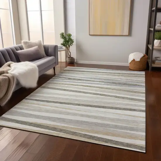 Ivory And Gray Striped Washable Indoor Outdoor Area Rug Photo 6