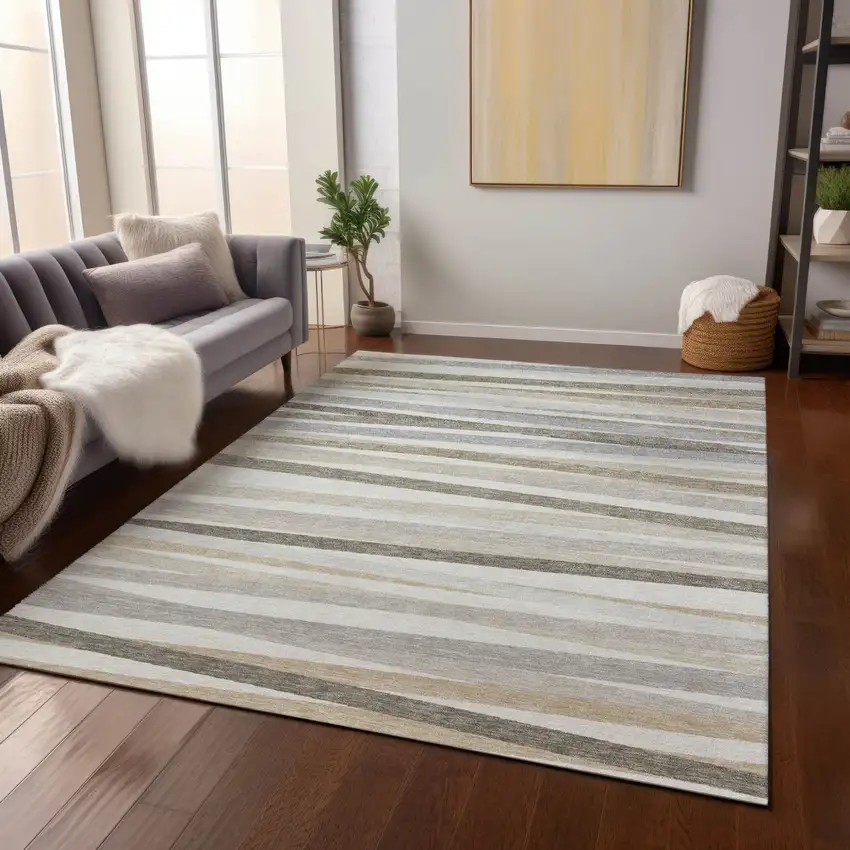 Ivory And Gray Striped Washable Indoor Outdoor Area Rug Photo 6