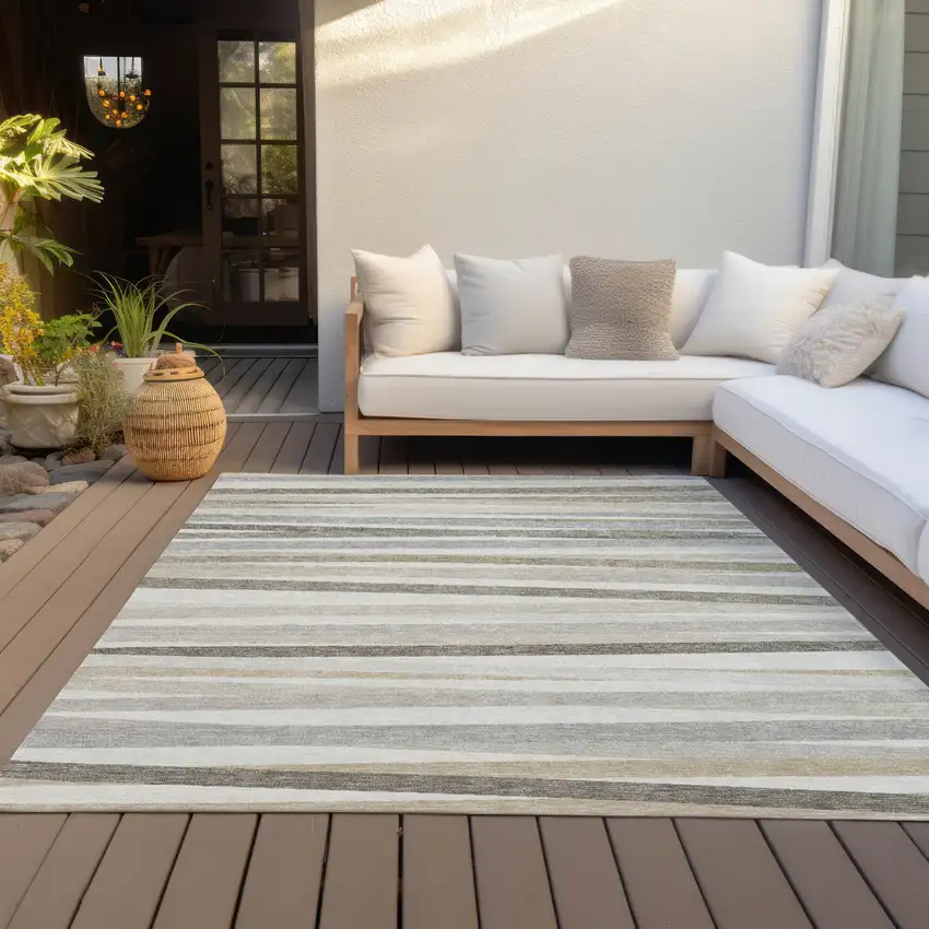 Ivory And Gray Striped Washable Indoor Outdoor Area Rug Photo 5
