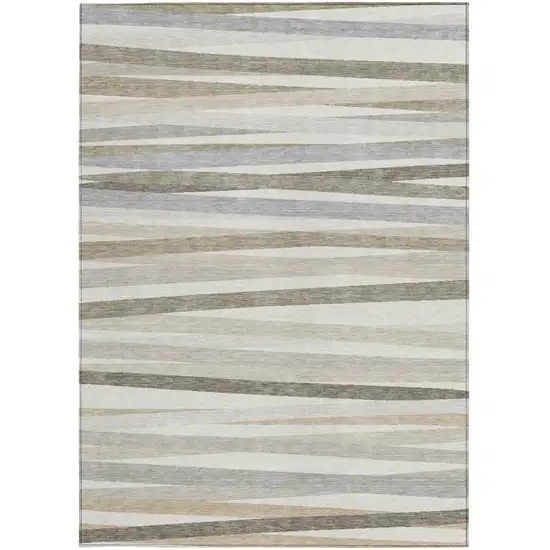 Ivory And Gray Striped Washable Indoor Outdoor Area Rug Photo 4