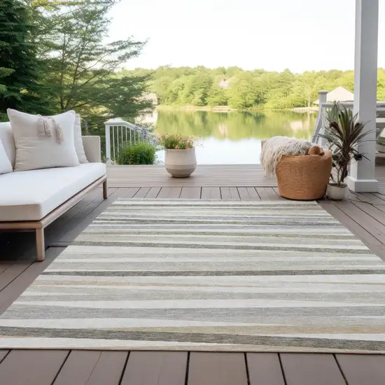 Ivory And Gray Striped Washable Indoor Outdoor Area Rug Photo 8