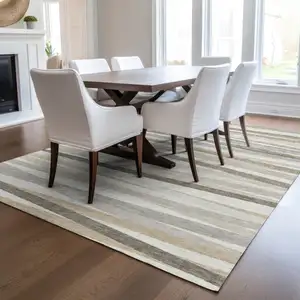 Photo of Ivory And Gray Striped Washable Indoor Outdoor Area Rug
