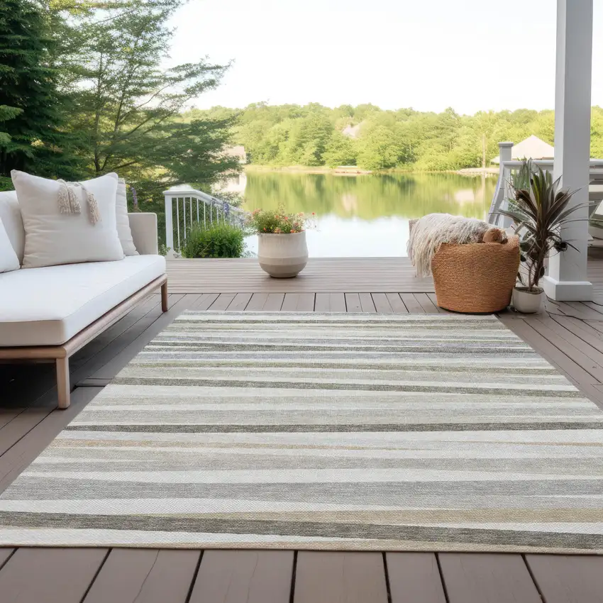 Ivory And Gray Striped Washable Indoor Outdoor Area Rug Photo 9