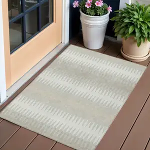 Photo of Ivory And Gray Striped Washable Indoor Outdoor Area Rug