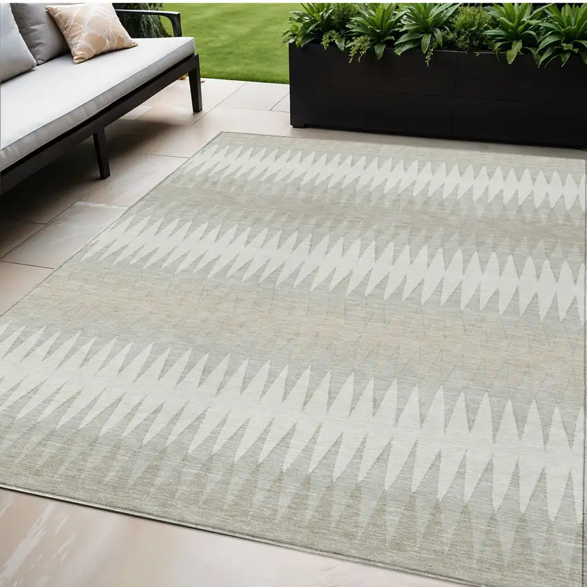 Ivory And Gray Striped Washable Indoor Outdoor Area Rug Photo 1