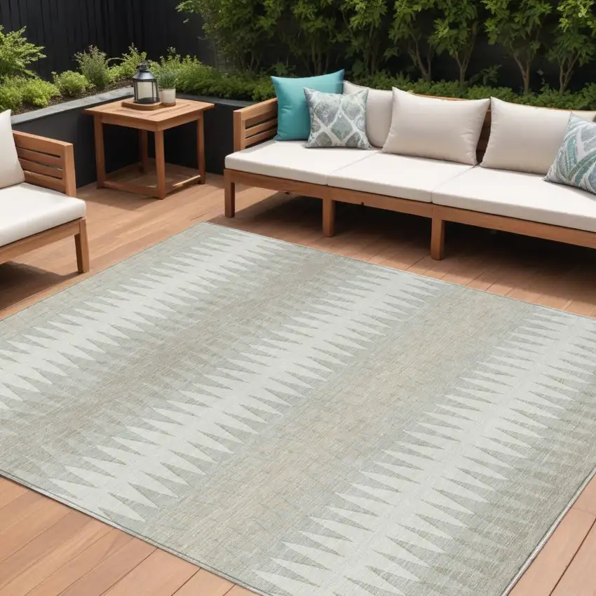 Ivory And Gray Striped Washable Indoor Outdoor Area Rug Photo 1