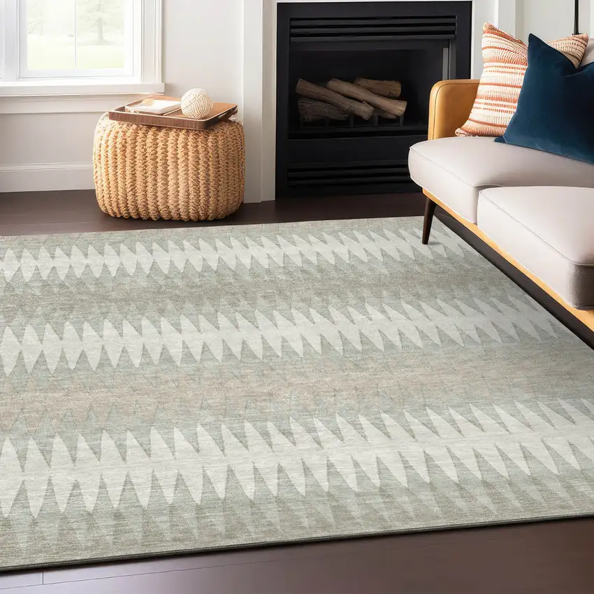 Ivory And Gray Striped Washable Indoor Outdoor Area Rug Photo 8