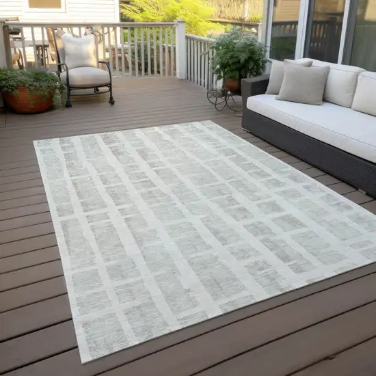 Ivory And Gray Striped Washable Indoor Outdoor Area Rug Photo 7