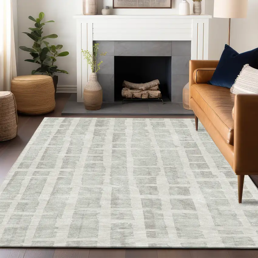 Ivory And Gray Striped Washable Indoor Outdoor Area Rug Photo 8