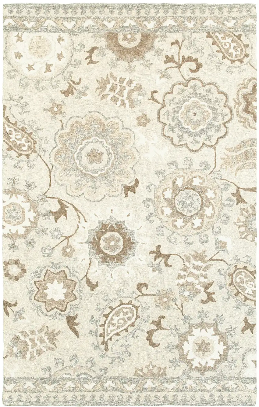 Ivory And Gray Wool Floral Hand Tufted Area Rug Photo 2