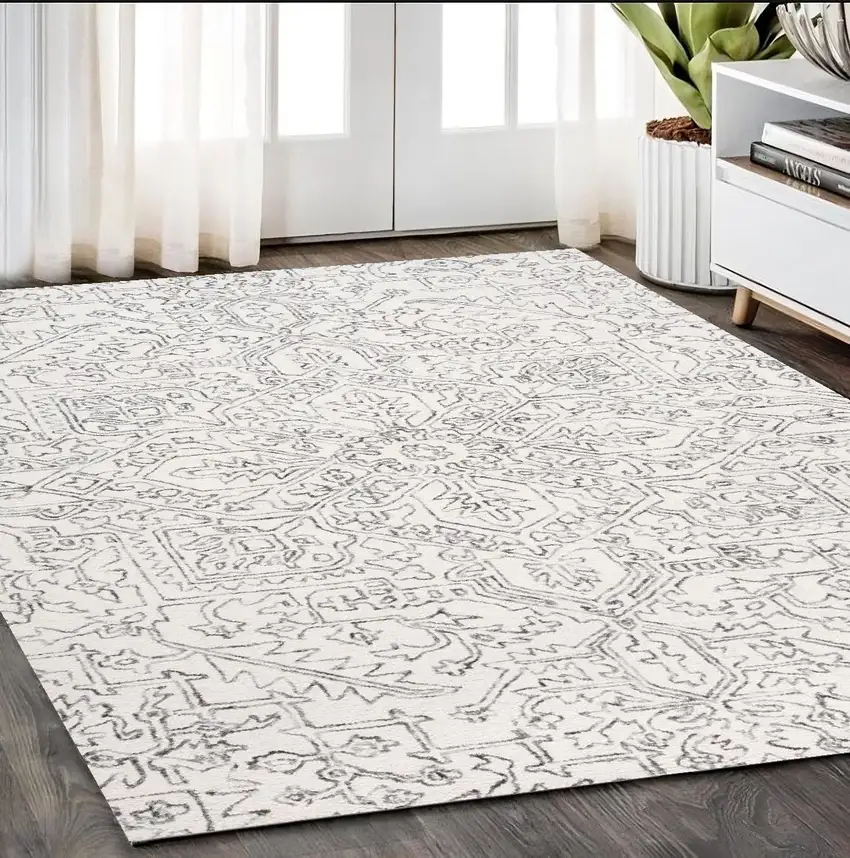 Ivory And Gray Wool Floral Tufted Handmade Stain Resistant Area Rug Photo 1