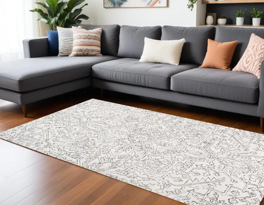 Ivory And Gray Wool Floral Tufted Handmade Stain Resistant Area Rug Photo 1