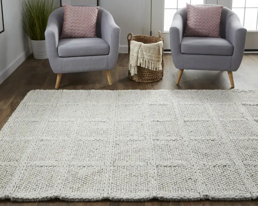 Ivory And Gray Wool Plaid Hand Woven Stain Resistant Area Rug Photo 7