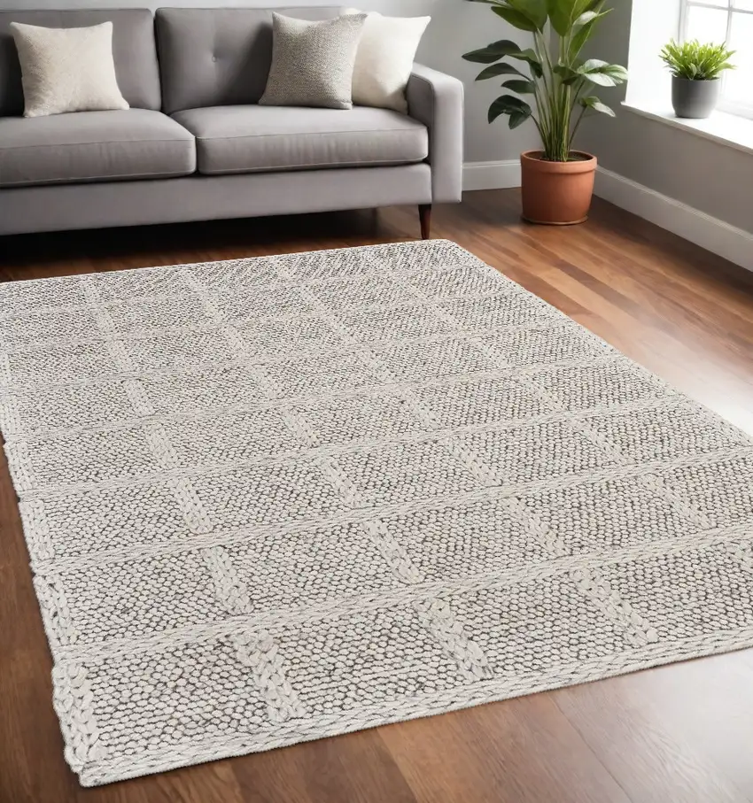 Gray and Ivory Wool Plaid Hand Woven Area Rug Photo 1