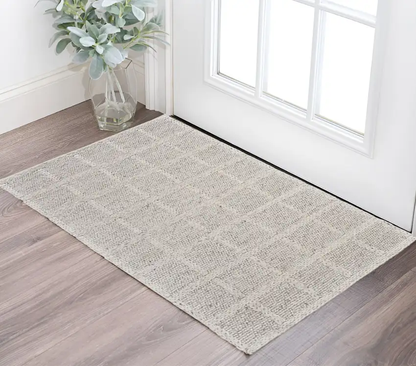 Gray and Ivory Wool Plaid Hand Woven Area Rug Photo 1