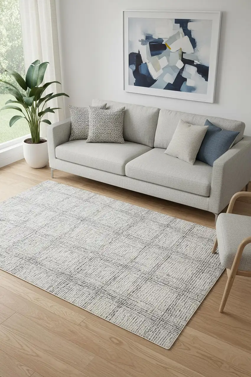 Ivory And Gray Wool Plaid Tufted Handmade Stain Resistant Area Rug Photo 1