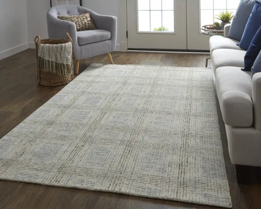 Ivory And Gray Wool Plaid Tufted Handmade Stain Resistant Area Rug Photo 8