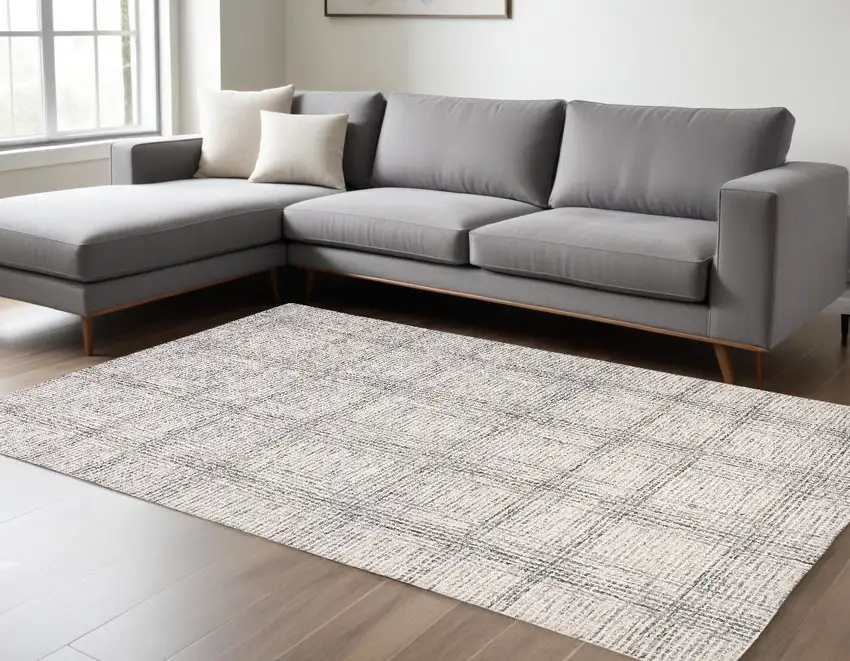 Ivory And Gray Wool Plaid Tufted Handmade Stain Resistant Area Rug Photo 1