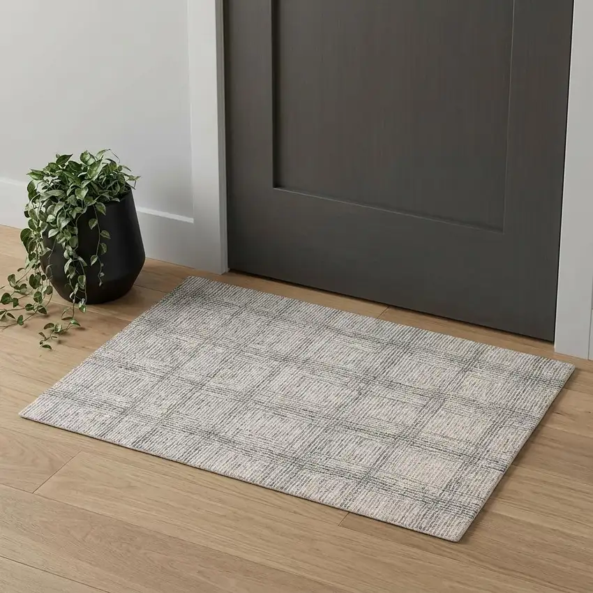 Ivory And Gray Wool Plaid Tufted Handmade Stain Resistant Area Rug Photo 1