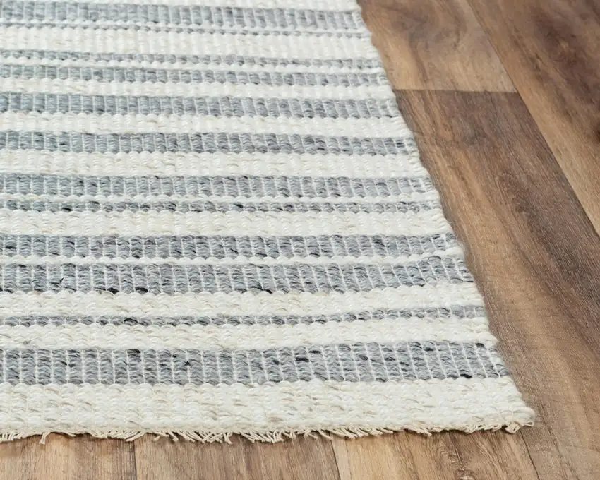 Ivory And Gray Wool Striped Hand Woven Area Rug Photo 3