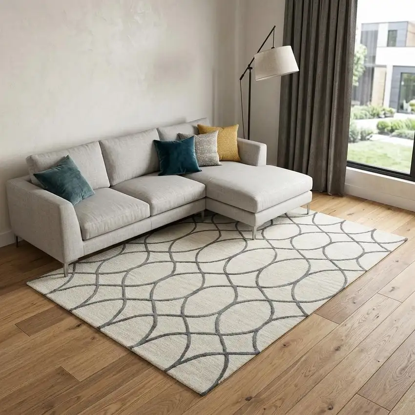 Ivory And Gray Wool Trellis Hand Tufted Area Rug Photo 1
