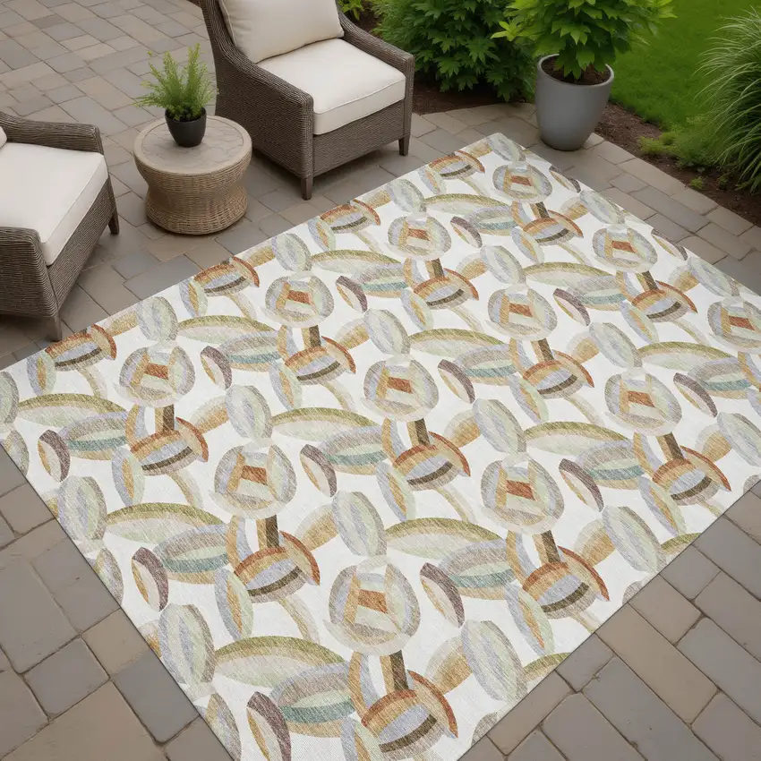 Ivory And Green Abstract Washable Indoor Outdoor Area Rug Photo 7