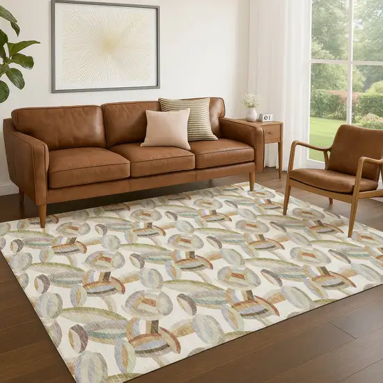 Ivory And Green Abstract Washable Indoor Outdoor Area Rug Photo 5