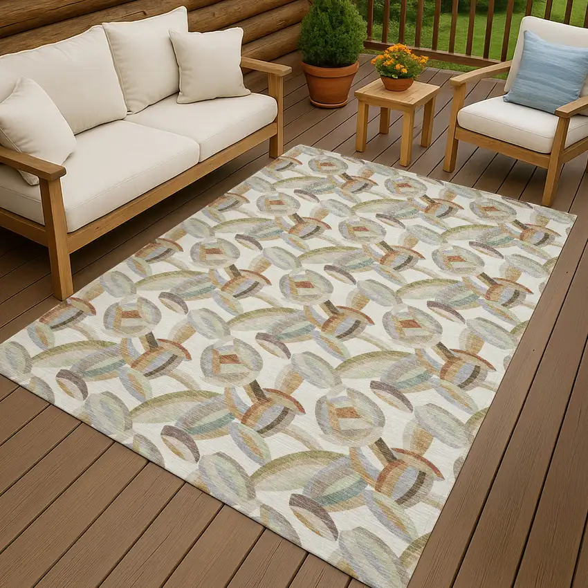 Ivory And Green Abstract Washable Indoor Outdoor Area Rug Photo 4