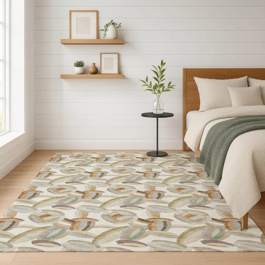 Ivory And Green Abstract Washable Indoor Outdoor Area Rug Photo 6