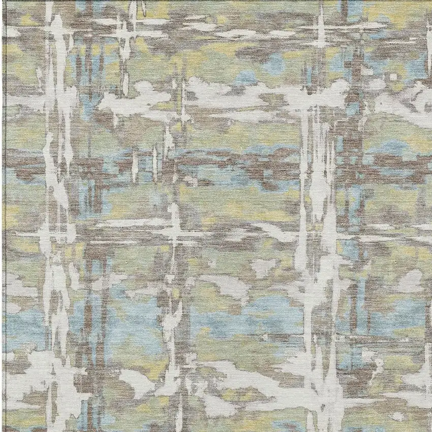 Ivory And Green Abstract Washable Indoor Outdoor Area Rug Photo 2