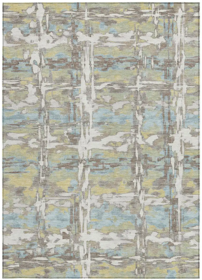 Ivory And Green Abstract Washable Indoor Outdoor Area Rug Photo 3
