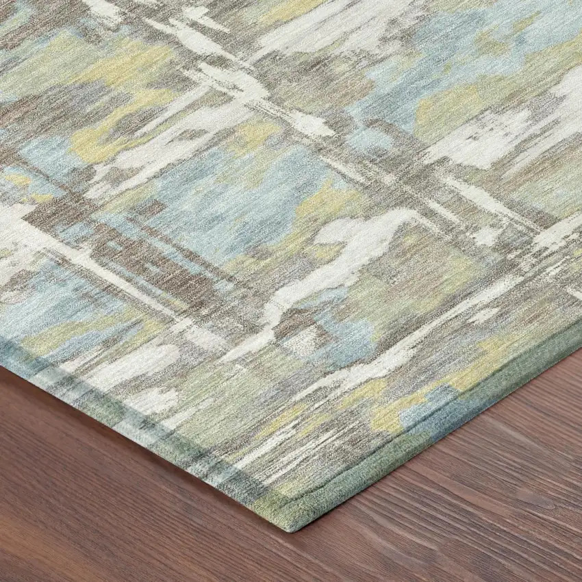 Ivory And Green Abstract Washable Indoor Outdoor Area Rug Photo 4