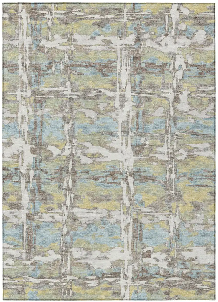 Ivory And Green Abstract Washable Indoor Outdoor Area Rug Photo 1