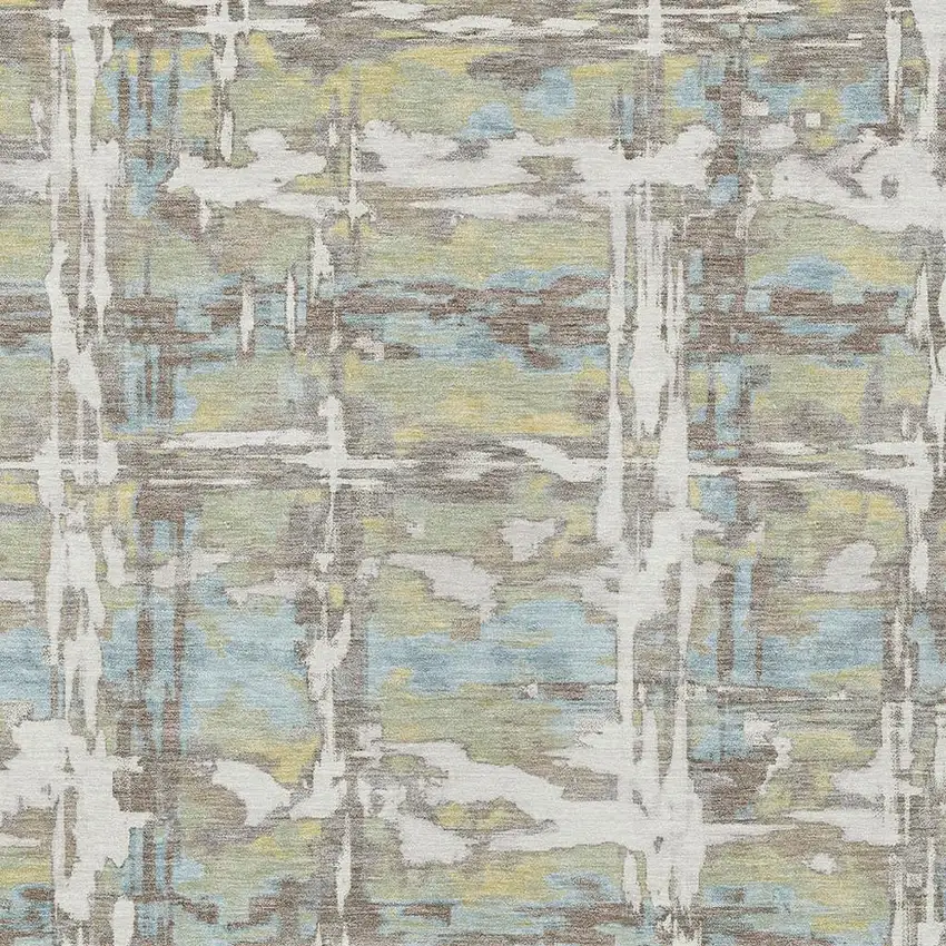 Ivory And Green Abstract Washable Indoor Outdoor Area Rug Photo 2