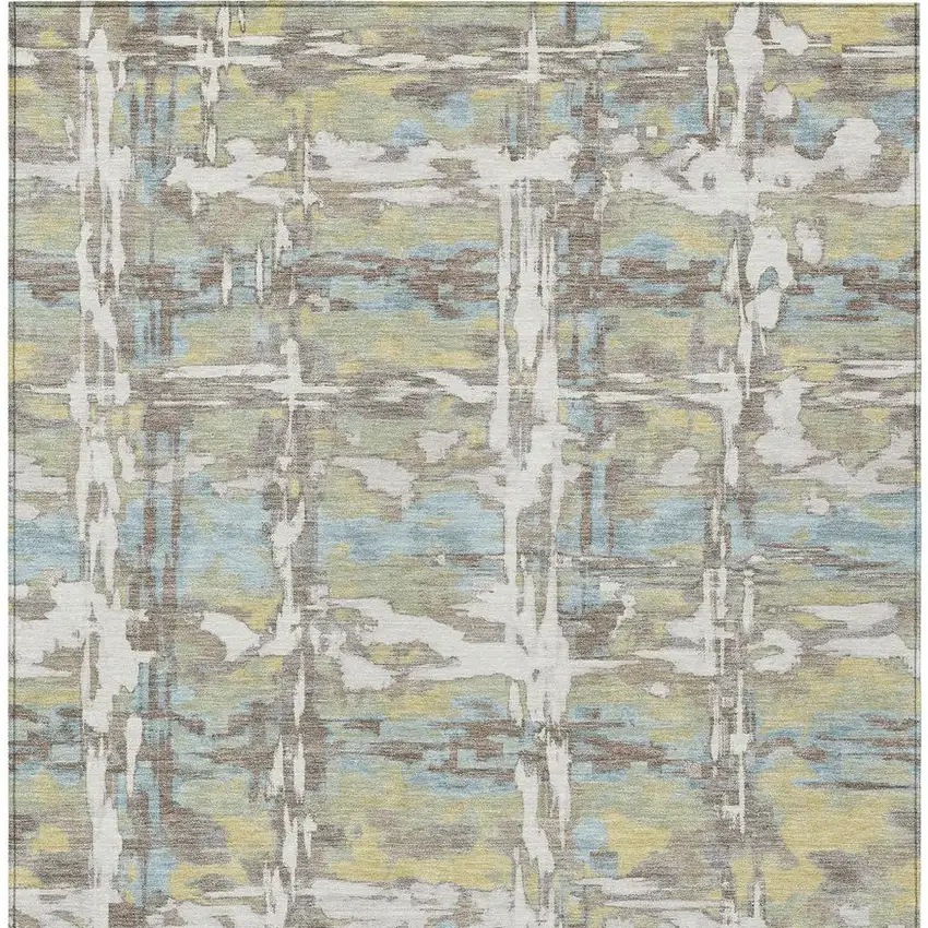 Ivory And Green Abstract Washable Indoor Outdoor Area Rug Photo 3