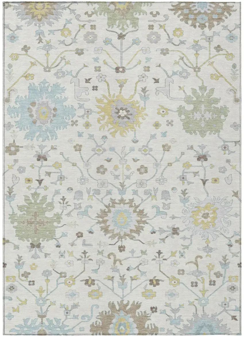 Ivory And Green Faux Bois Washable Indoor Outdoor Area Rug Photo 1