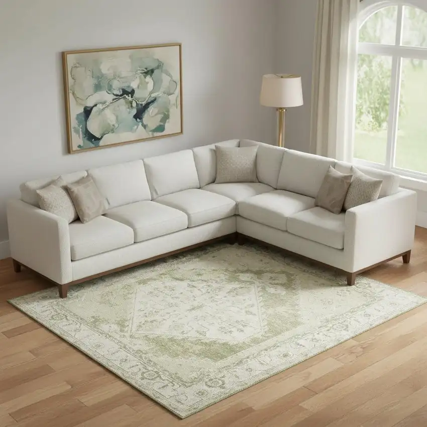 Ivory And Green Floral Distressed Area Rug Photo 1