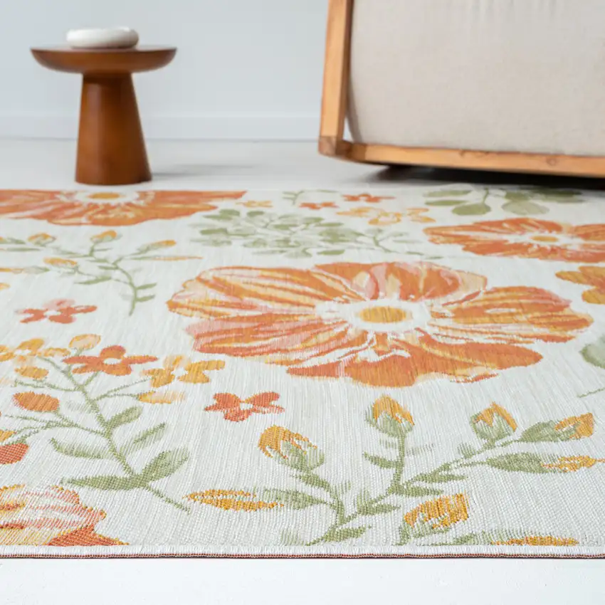 Ivory And Green Floral Square Rug Photo 6
