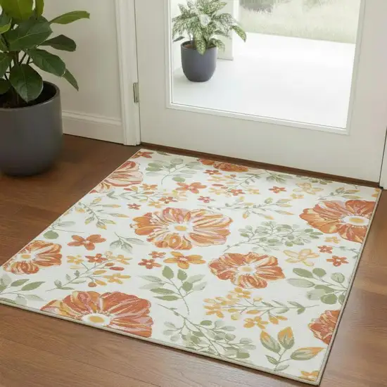 Ivory And Green Floral Square Rug Photo 1