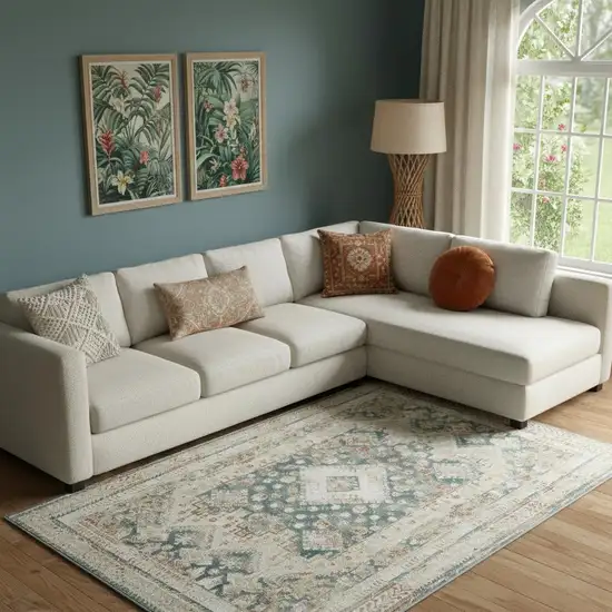 Ivory And Green Geometric Area Rug Photo 1